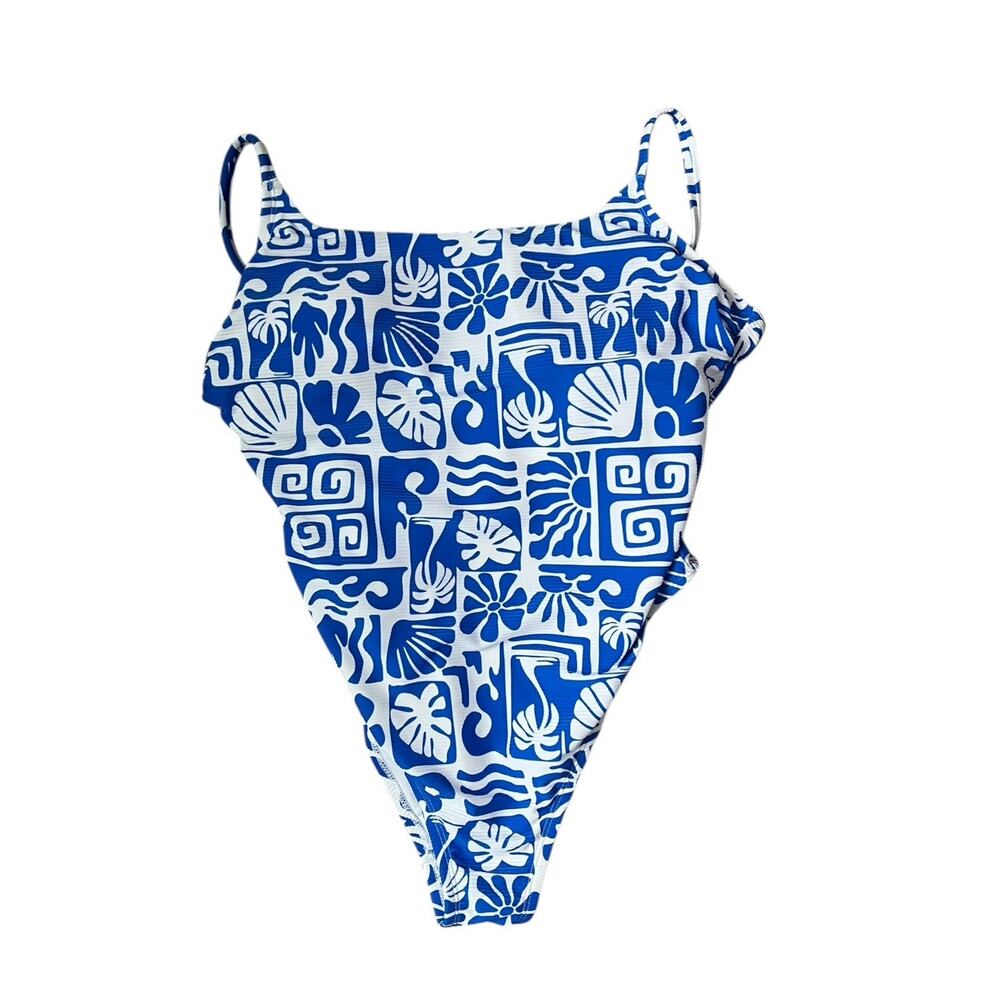 Time and Tru Ribbed Tie Back One Piece Swimswuit Adjustable Beachy Blue Large - Picture 2 of 5